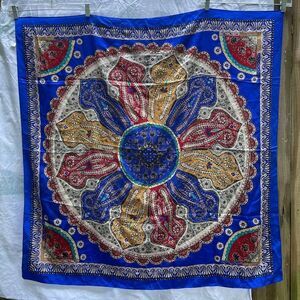 PAISLEY FLORAL Scarf WRAP SILK Satin Electric Blue Metallic Gold 41" x 41" NWOT